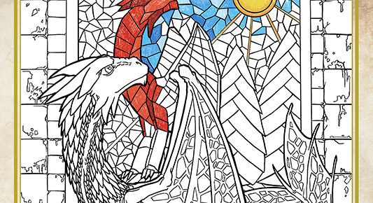 Book cover for D is for Dragon: A Smaugust 2020 Inspired Coloring Book - Color Your Own Adventure Book 2 by Aleric Vancil. The cover features a winged dragon and companion standing before a stained glass window of a dragon an sunny sky in line art partially colored in colored pencil.