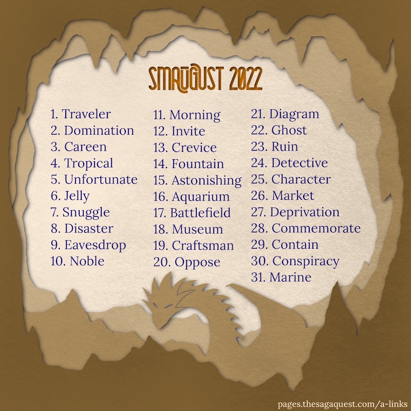 The Smaugust 2022 prompt list surrounded by a dragon in a cavern created in cut paper.