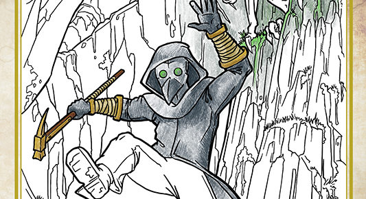 Book cover for D is for Dungeon 2: A Naghatan Fisk Adventure Book - The Demiplane of Dungeons - Part Two by Aleric Vancil. The cover features a plague doctor with a war hammer fleeing albino wyverns in a cavern in line art partially colored in colored pencil.