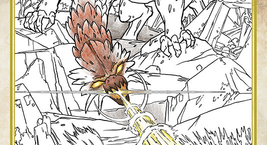 Book cover for D is for Dragon 4: A Smaugust 2023 Inspired Coloring Book - Color Your Own Adventure Book 5 by Aleric Vancil. The cover features a dragon burning someone to bones in line art partially colored in colored pencil.