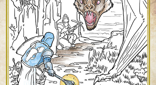 Book cover for Q is for Quest: A Naghatan Fisk Adventure Coloring Book. The cover features a knight and massive bat monster facing off in line art partially colored in colored pencil.